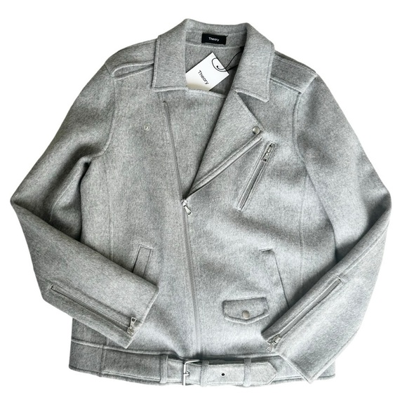 NWT Theory wool cashmere moto jacket zip snap buckle belt gray Tralsman DF large - Picture 2 of 16